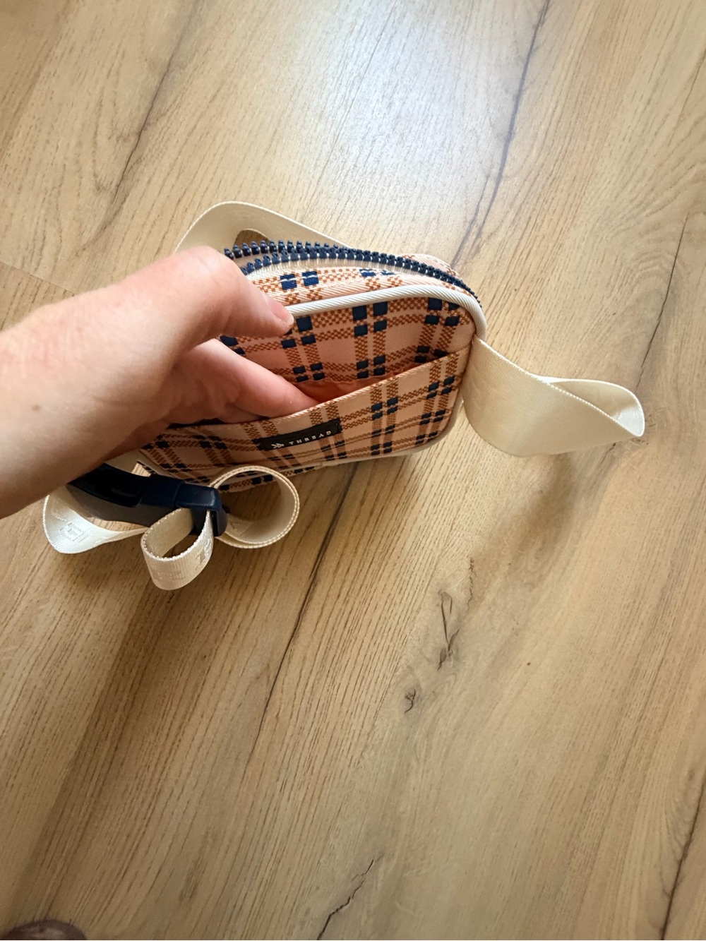 Thread Peach Plaid Crossbody Belt Bag with Navy Accents - Picture 4 of 5